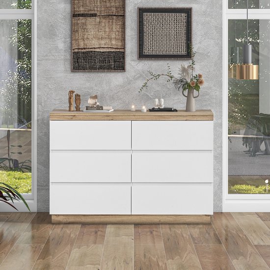 Sweiko Commode à 6 tiroirs, coffre-fort, Fonction de rangement, pour Chambre et salon, Aggloméré E1, Wit et chêne