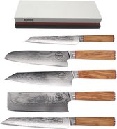 Sumisu Knives - Japanse messenset 5-delig incl. slijpsteen - Wood collection - 100% damascus staal - Complete messenset - Geleverd in luxe geschenkdoos