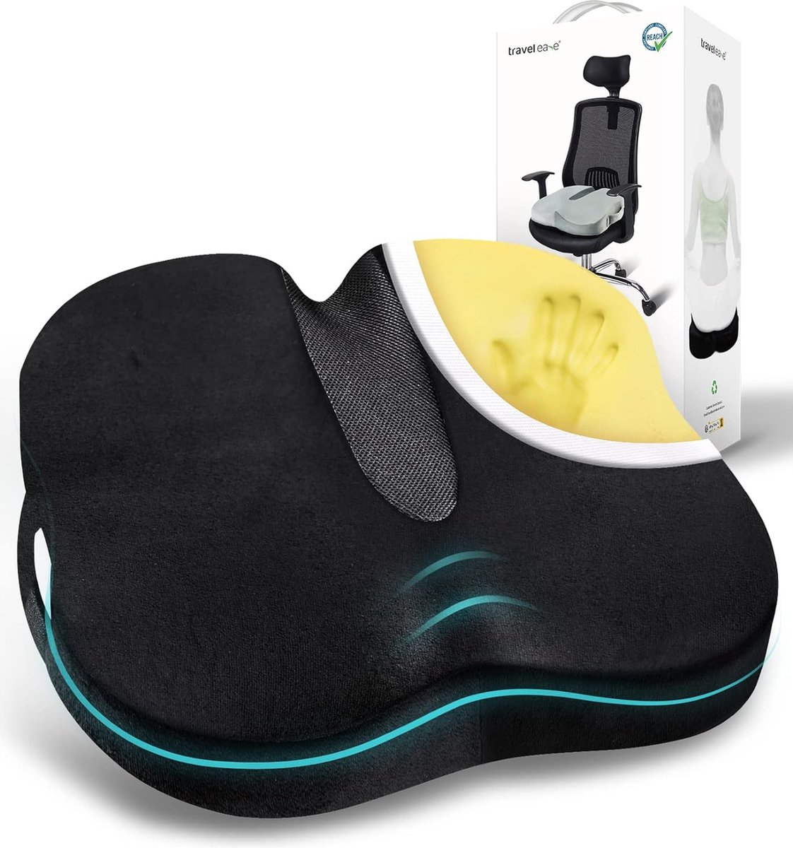 FLORICH Autozitkussen en lendenkussen, set van 3 hoofdsteunkussens, met gel- traagschuim, ergonomisch zitkussen voor bureaustoel en autostoel, grijs