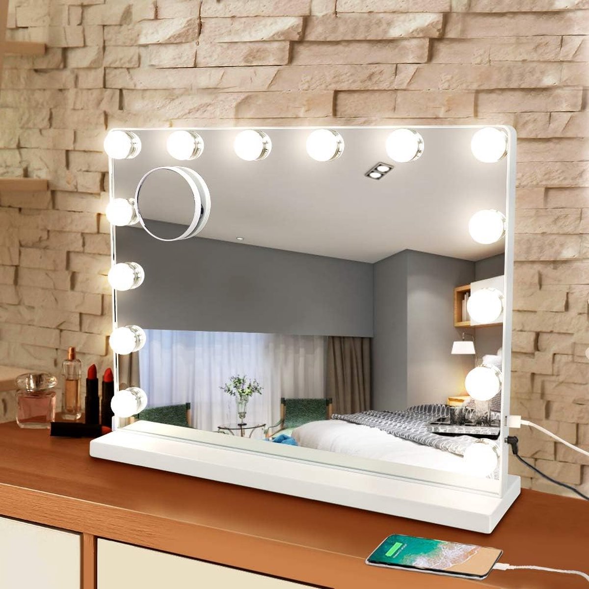 Hollywood spiegel met verlichting voor make-uptafel - 14 dimbare ledlampen - 3 kleurtemperaturen - 50 x 40 cm
