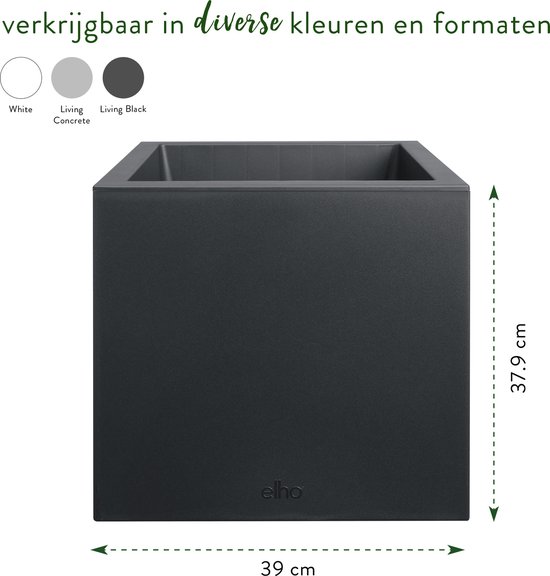 Een vierkante, zwarte Elho plantenbak van 39x37,9cm, verkrijgbaar in wit, grijs en zwart.