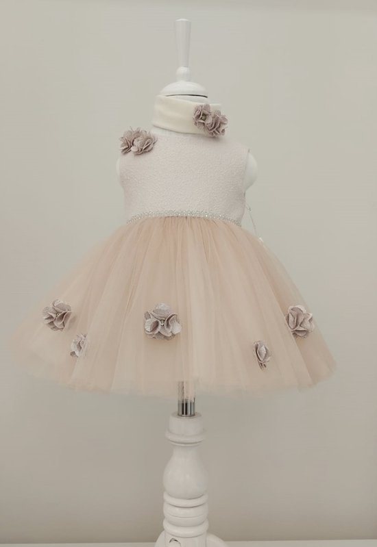 luxe feestjurk met haarband-moderne jurk voor meisjes - baby's- galajurk-vintage jurk-effen feestjurk-tutu rok-bruiloft-fotoshoot-verjaardag-doopsel-steentjes-bloemen-licht lila kleur-katoen- 3 tem 6 maanden maat 62- 68