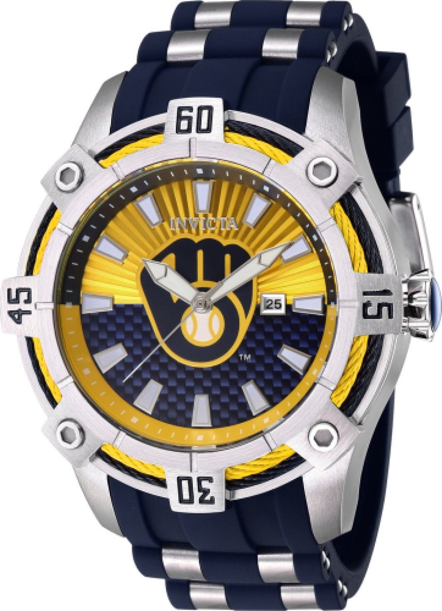 Invicta MLB - Milwaukee Brewers 43274 Heren Horloge - Waterdicht - Analoog - Quartz Uurwerk - Roestvrij Staal met Gele Wijzer