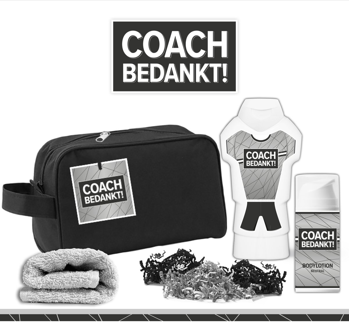 Goedkoopste Geschenkset Coach bedankt! - 4 producten - 450 gram | Toilettas - Cadeau - Man - Toernooi - Voetbal - Volleybal - Hockey - Handbal - Basketbal - Korfbal - Trefbal - Waterpolo - Rugby - Sport - Wedstrijd - Showergel - Giftset - Trainer - Grijs