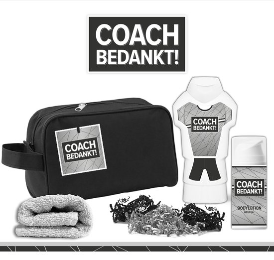 Foto: Geschenkset coach bedankt 4 producten 450 gram toilettas cadeau man toernooi voetbal volleybal hockey handbal basketbal korfbal trefbal waterpolo rugby sport wedstrijd showergel giftset trainer grijs