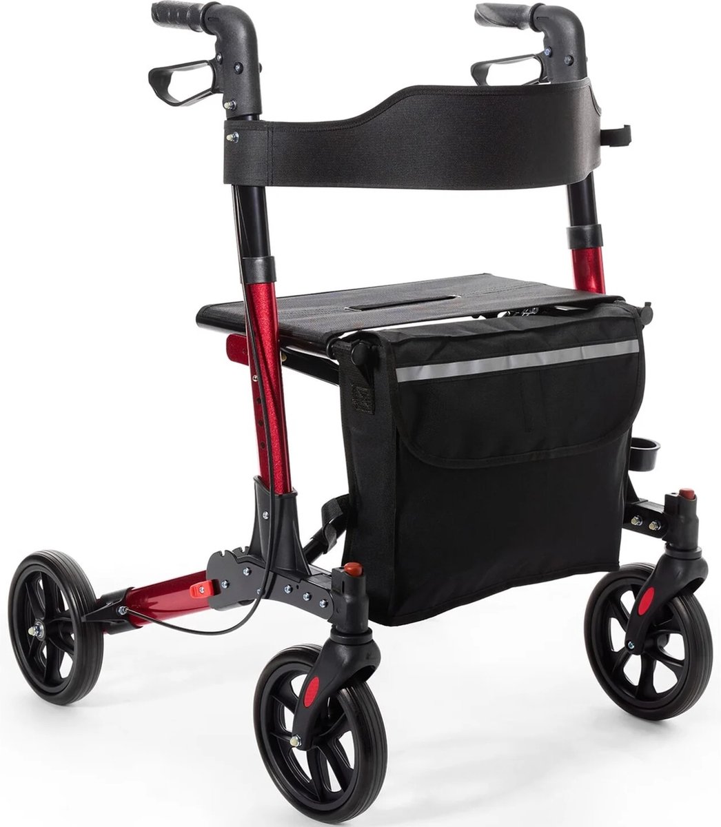 Goedkoopste Rollator Plaza Lite Comfort - Lichtgewicht - Dubbel opvouwbaar - Soft banden - Rood - Dubbele remfunctie - Weegt slechts 6,9 kg - Past in elke auto - Inclusief boodschappentas, stokhouder en rugband