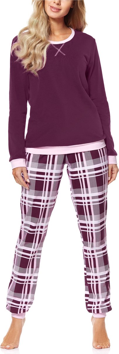 Merry Style MS-MS10-168-PJ Dames Pyjama - ronde hals - lange mouwen - lange broek met zakken - Katoen - Wijn/Geruit