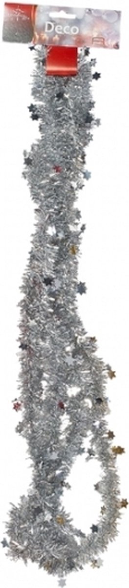 Christmas Gifts Kerstslinger - zilver - sterretjes - 270 cm - folie/lametta - kerstboomversiering