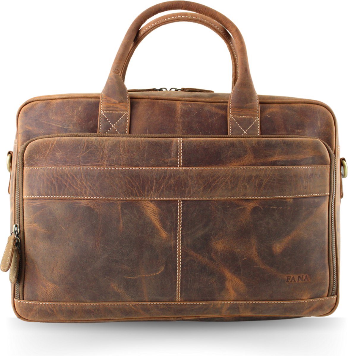 Fana Bags Leren Laptoptas Cognac - 15,6 inch Laptop Schoudertas - Moderne Leren Aktetas