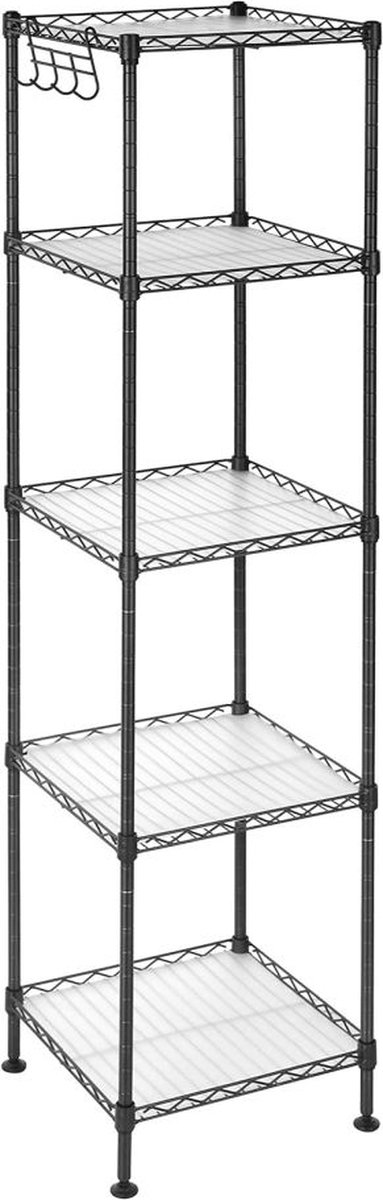 Hoppa! Badkamerrek | Metalen Staand Rek | Robuust | Tot 100 kg Belastbaar | Met 5 PP-Platen | Met Uitneembare Haken | 30 x 30 x 123,5 cm (BxDxH) | Uitschuifbaar | Voor Kleine Ruimtes | Zwart