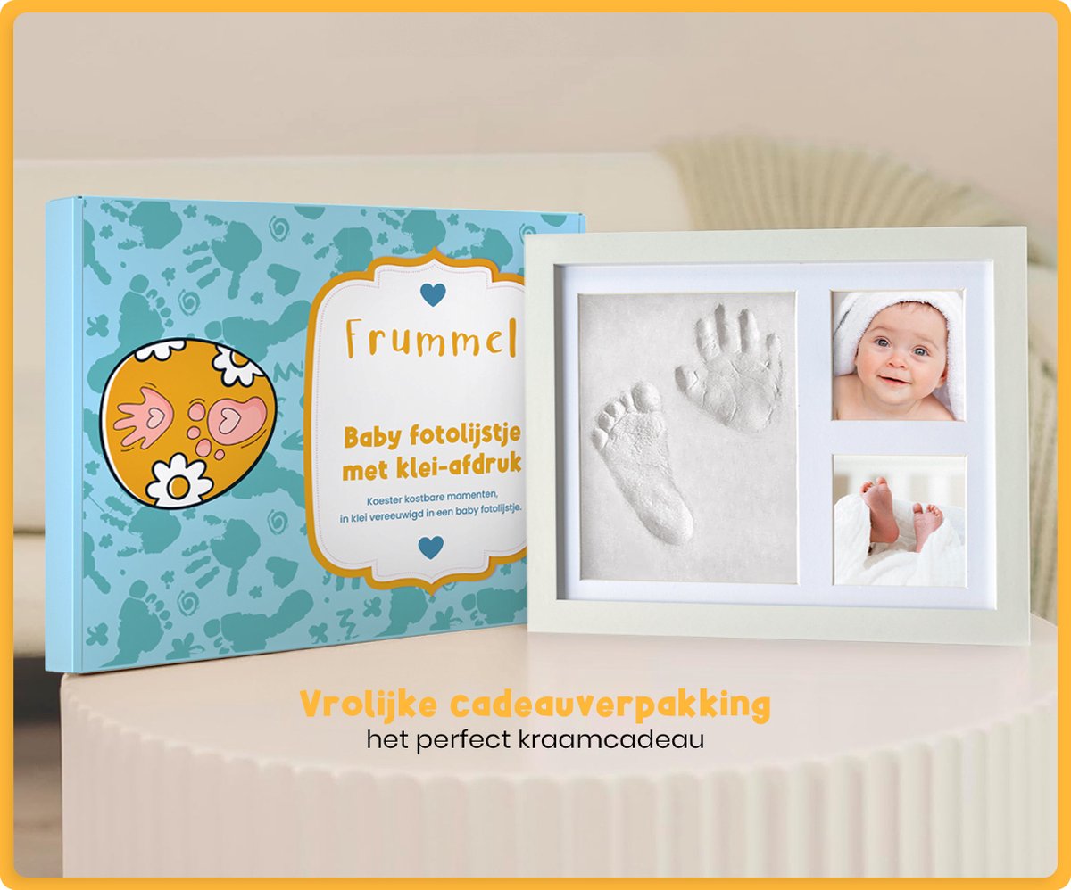 Frummel Baby Fotolijstje met Klei Afdruk (Gipsafdruk baby) - Beter dan gips afdruk - Klei Afdruk Baby Voet en Hand - Kraamcadeau Meisje / Kraamcadeau Jongen - Babyshower - Cadeau – foto 2