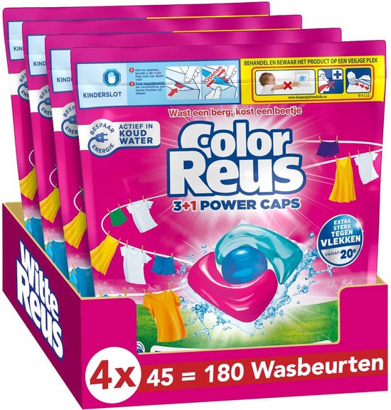 Voordeelverpakking van 4x45 Color Reus 3+1 Power Caps wasmiddelcapsules. Met een roze en blauwe capsule in een bubbelbad. Gekleurde was hangt te drogen.