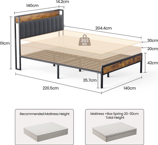 Dimensions d'un lit rembourré gris foncé avec tête de lit et accents imitation bois