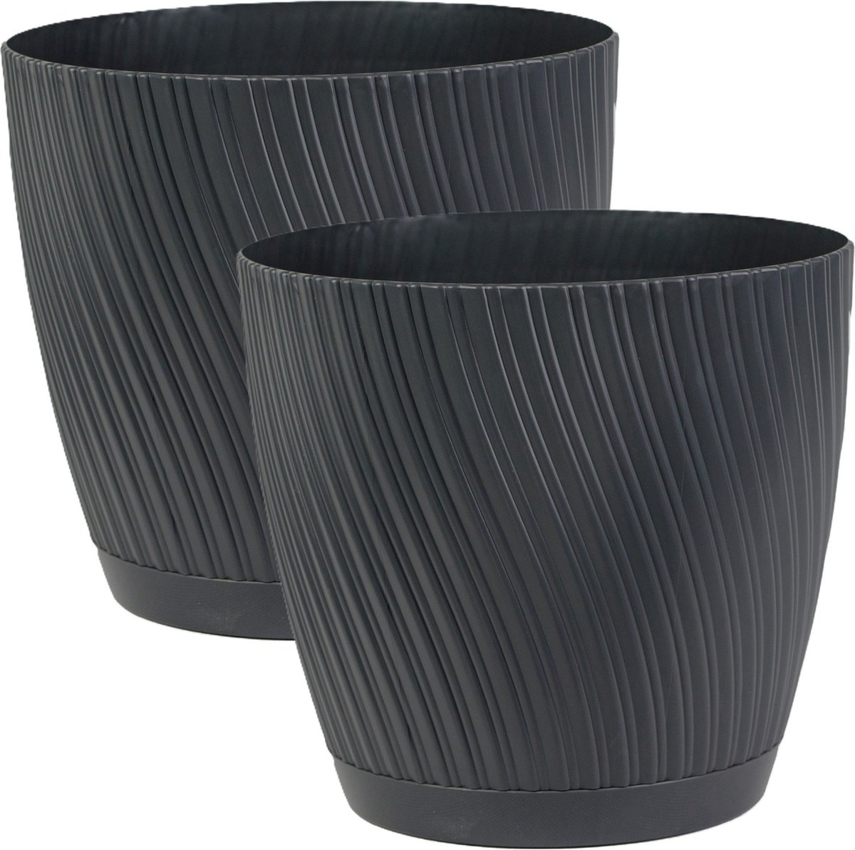 Form Plastic Plantenpot/bloempot Waves - 2x - kunststof - antraciet - D23 x H21 cm - met opvang schotel - rond