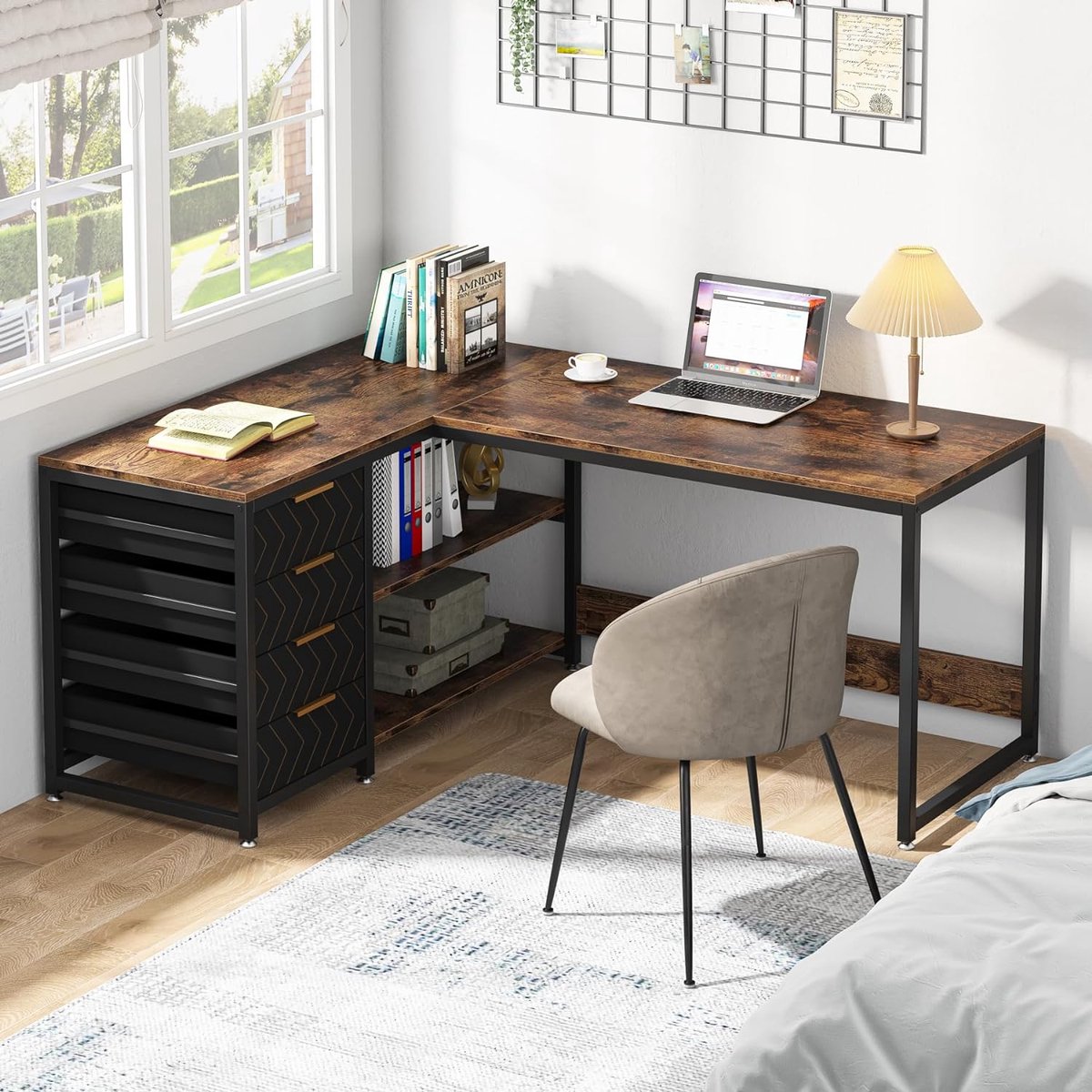 Tribesigns Bureau - L-Vormig Game Bureau met 4 Laden - 150 x 110 x 75cm - Bureau met Legplanken - Gaming Desk - Computer Tafel - Gaming Tafel - Bureau voor Gamen, Studeren en Werken - Zwart / Vintage Bruin thumbnail 5