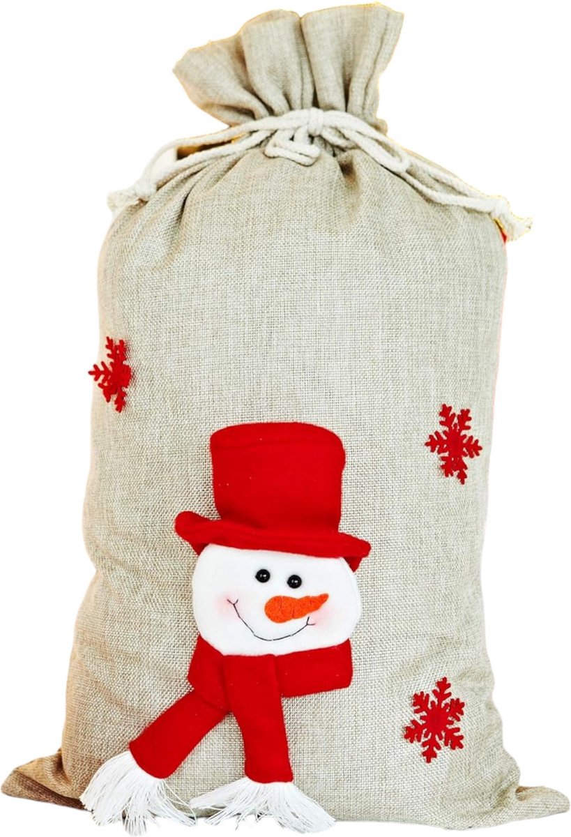 Jute Kerstzak geschenkzak met trekkoord en 3D sneeuwpop - 58 x 34 x 3 cm