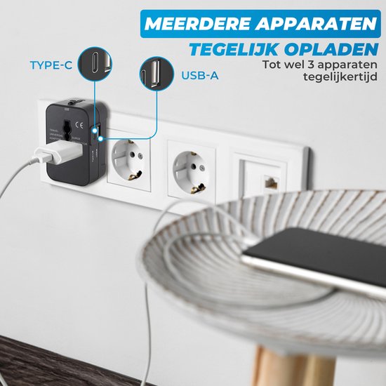 Universele wereldstekker - Reisstekker - Internationale Reisadapter - USB-C en USB-A - 150+ Landen - Amerika (USA) - Zuid Amerika - Engeland (UK) - Azië - Europa - Afrika - Wereldstekker lichtgewicht - Zwart