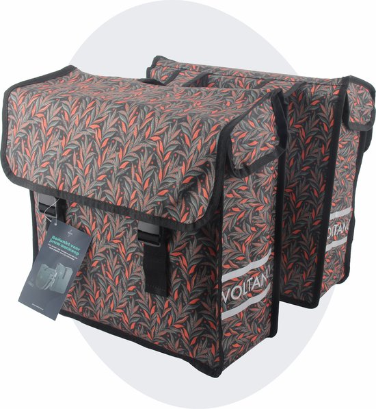 Foto: Voltano dubbele fietstas crimson leaf zwarte met grijze bloemen 38 liter 100 waterdicht polyester vrolijke fietstassen