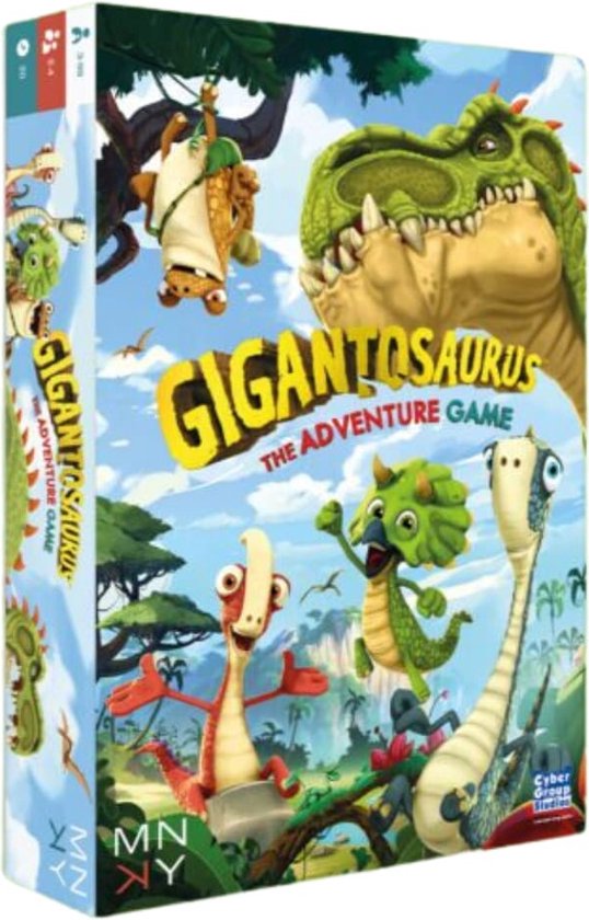 Doos van het bordspel Gigantosaurus: The Adventure Game met illustratie van dinosaurussen in een bos.