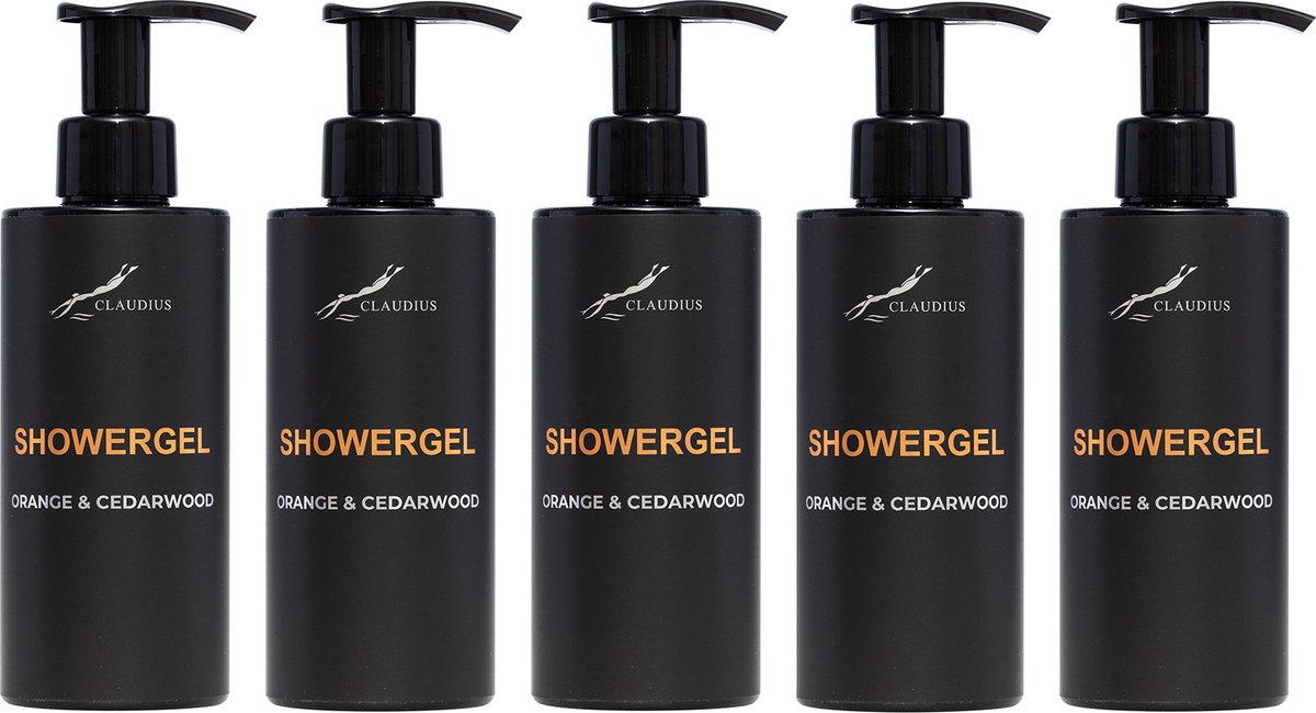 Goedkoopste Showergel Sweet Orange & Cedarwood 300 ml - met pomp - zwarte fles - set van 5 stuks - Douchegel - Voordeelverpakking