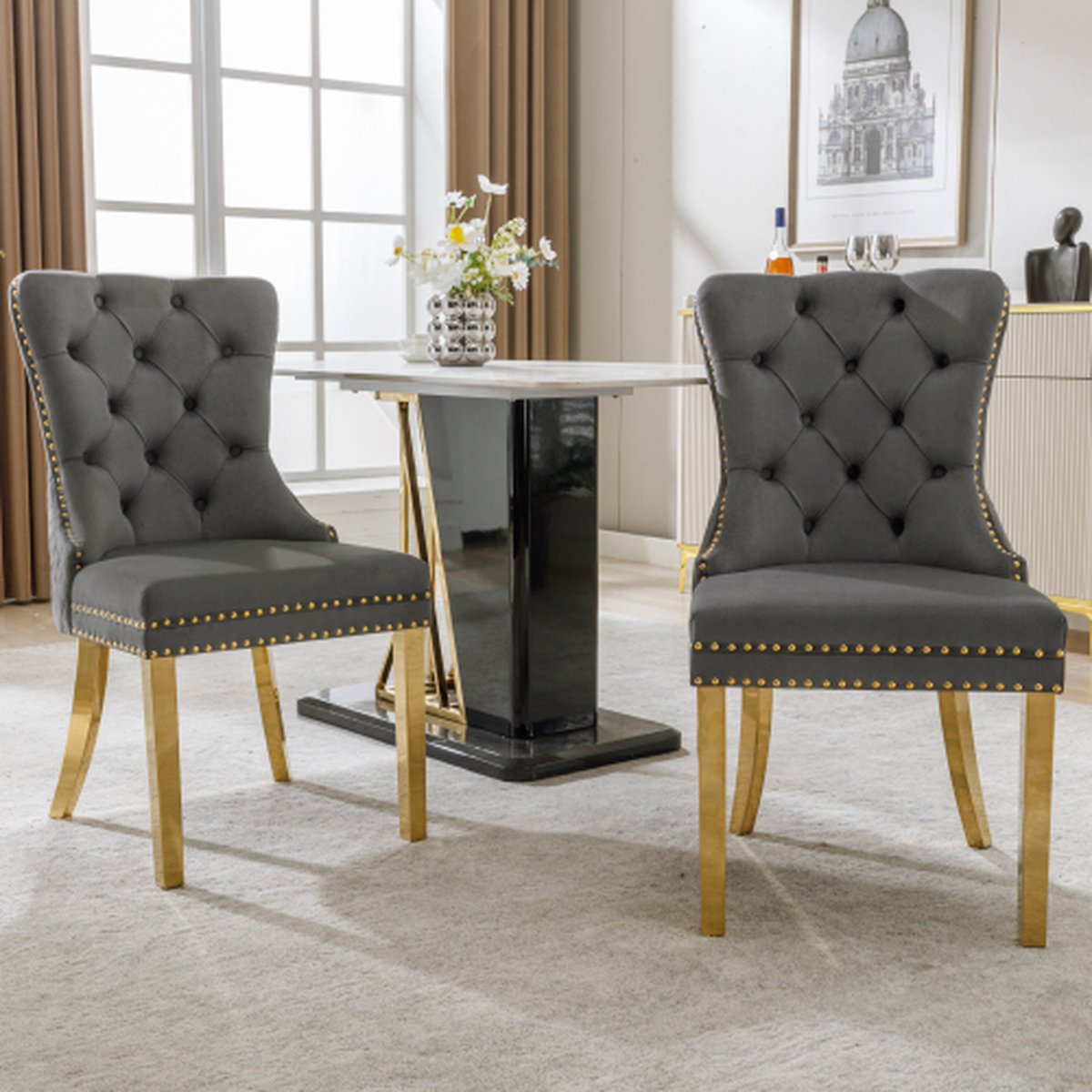 2 stuks hoge rug 4-poots stoel-Gray fluwelen eetkamerstoel-met-knoopsteek-massief houten frame-Grijs-(Set van 2) Style 1