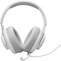 Witte gaming koptelefoon met stoffen oorschelpen en een afneembare microfoon.