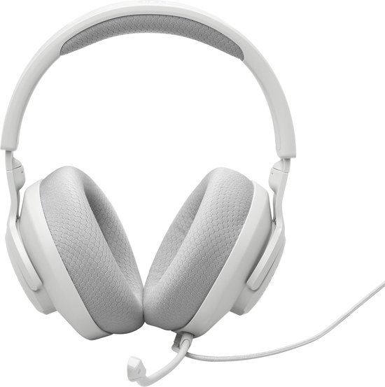 Witte gaming koptelefoon met stoffen oorschelpen en een afneembare microfoon.