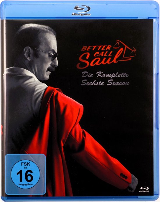 Blu-ray hoes: Better Call Saul, Deel 6, met acteur Bob Odenkirk in rode jas.