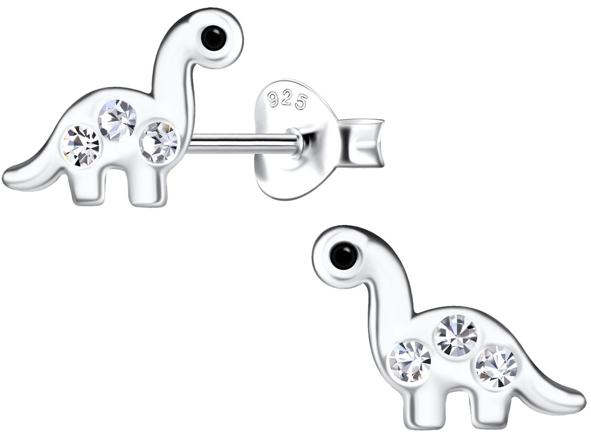 Joy|S - Zilveren dino oorbellen - 10 x 7 mm - dinosaurus - kristal - kinderoorbellen