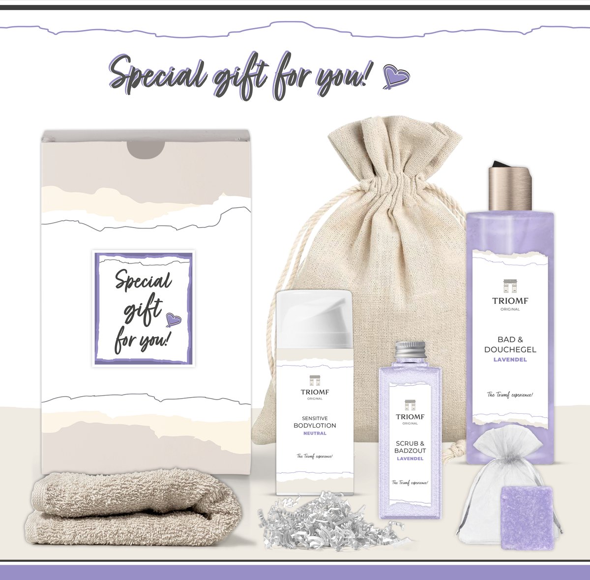 Goedkoopste Geschenkset “Special Gift for You!” - 6 producten - 650 gram | Triomf Original - Giftset Lavendel voor haar - Cadeau Speciaal voor jou Luxe wellness cadeaubox - Cadeaupakket Vrouw - Geschenk Gift Set Verjaardag Valentijn Moederdag Kerst Pakket Paars