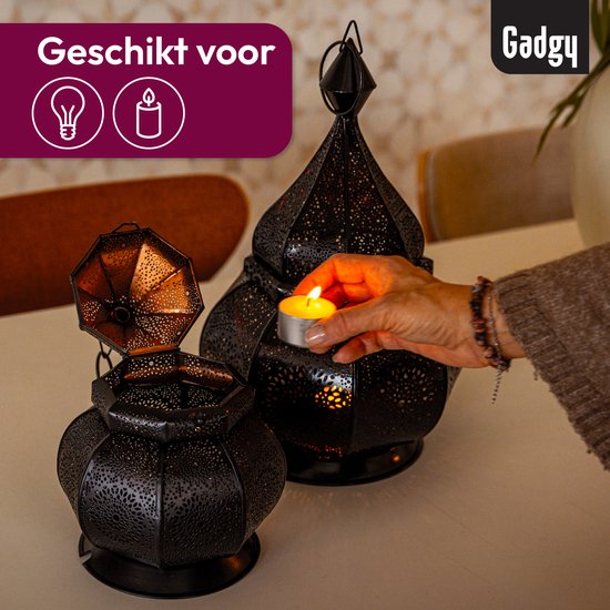 Oosterse lantaarn Oosters Amel 30 cm groot, Oosterse vintage theelichthouder zwart en koperkleurig voor binnen en buiten, Marokkaanse windlichten van metaal als decoratie