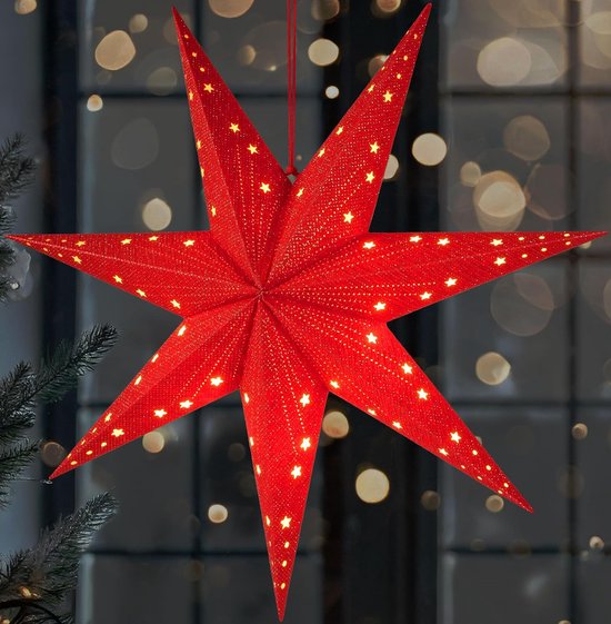BRUBAKER LED Kerstster om op te Hangen – 60 cm Papieren Ster met 7 Punten – 3D Adventsster – Werkt op Batterijen, Hangend en Verlicht – Raamdecoratie Lichtster – Rood