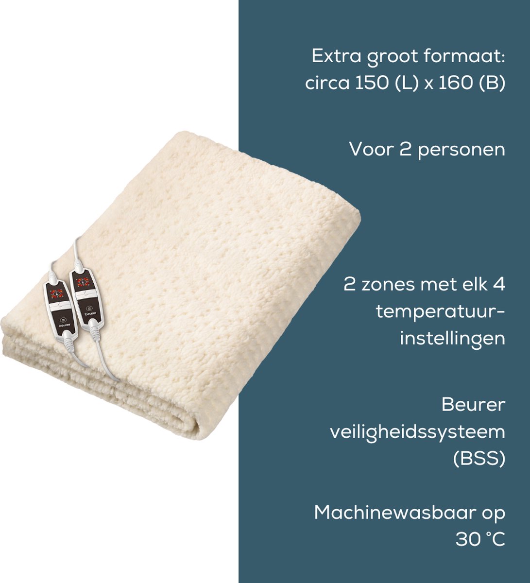 Afbeelding 2 van Beurer UB 56 Teddy Double Elektrische deken - Onderdeken - 2-Persoons: 150 x 160 cm - 4 Warmtestanden - 2 Zones - 2 Schakelaars - Automatische uitschakeling - Teddy/fleece - Machinewasbaar - 5 Jaar garantie - Wit