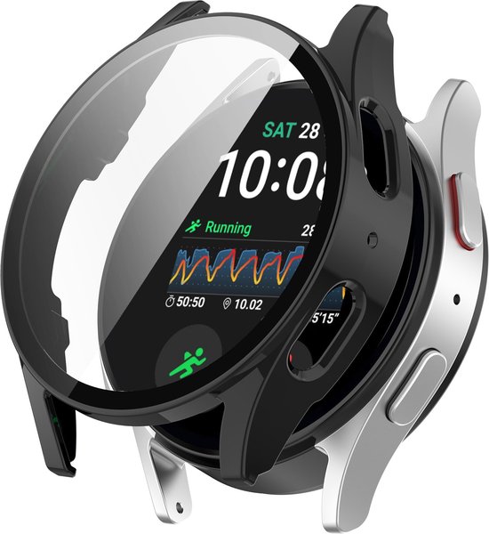 Zwarte horlogebeschermer met glazen screenprotector, geopend boven een zilverkleurig horloge.