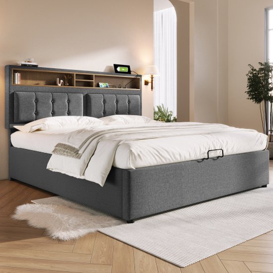 HOMCOM Bedframe voor tweepersoonsbed, 140 x 190 cm, industriële stijl, opbergruimte onder het bed, lattenbodem, hoofdeinde en voeteneinde, eenvoudige