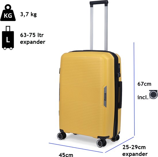 Gele koffer van 67cm met wieltjes, handvat en TSA-slot. 63-75 liter.