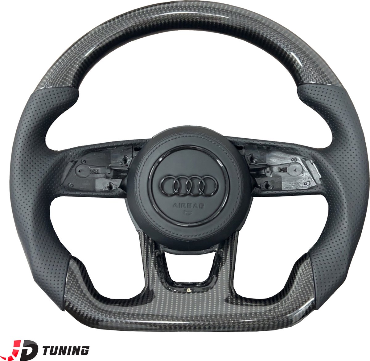 JDtuning® | Premium Custom Carbon Stuurwiel | Geperforeerd Leder | Zwarte stiksels | Airbag cover leder | Geschikt voor Audi A3/S3/RS3/A4/S4/RS4/A5/S5/RS5 | 2016 – 2024