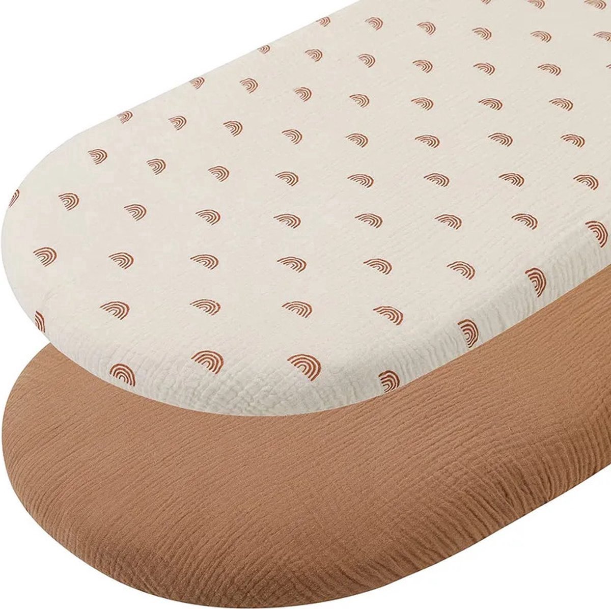 Image of 2 Stuks - Hydrofiele Baby Hoeslaken Wieg - Taupe Regenboogjes en Bruin Effen - Kinderwagen matras - 80x40 cm - Aankleedkussenhoes