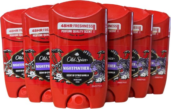Zes rode Old Spice Night Panther deodorantsticks, 48 uur frisheid, met de geur van citrus en vanille.