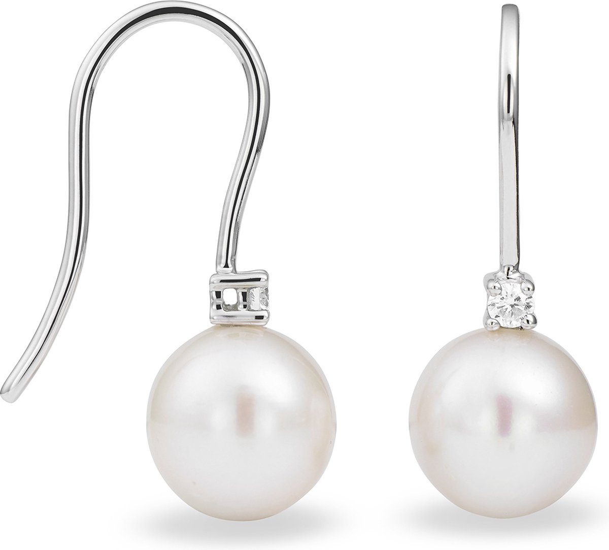 Miore Pure Oorbellen - Gemaakt van 14 Karaat Goud - Met Zoetwaterparels en Diamanten - Handgemaakte Sieraden - Oorhangers - Elegante Dames Sieraden - 8.5 mm