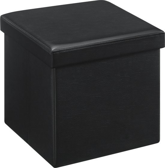 ACAZA Poef - lederen Poef - Opberger - Hocker - 38 x 38 x 38 cm - Zwart