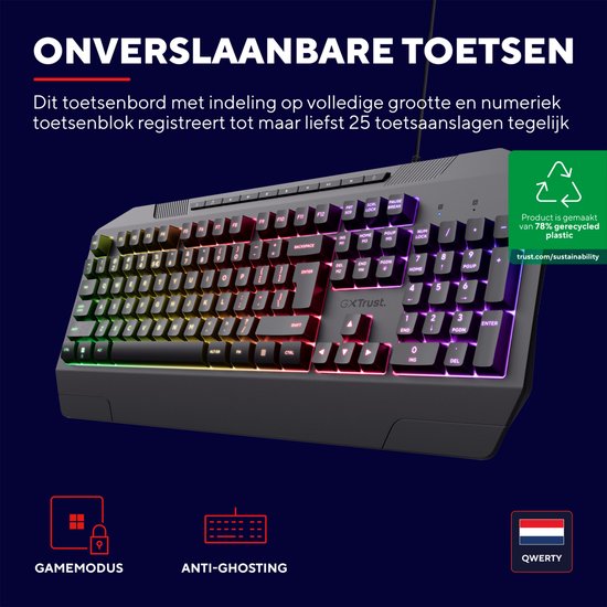 Trust GXT836 Evocx - Clavier Gaming avec Siècle des Lumières - Repose-poignets - Touches multimédia - Qwerty US - Zwart
