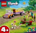 Voiture et remorque LEGO Friends violettes et jaunes, deux chevaux, un obstacle de saut et les figurines Lianna et Zoya.