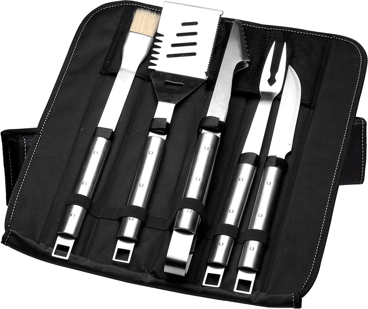 6-Piece Barbecue Set Grill Tools with Folding Bag BBQ Set Including Grill Fork Knife Marinating Brush Tongs Spatula Gift Idea for Men Barbecues