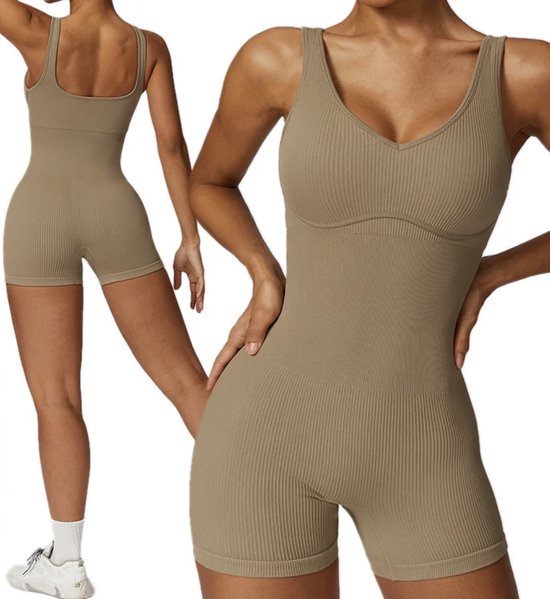 Daily Gym Jumpsuit - Maat L - Zandkleur - Lichtbruin - Gymsuit - Fitness kleding - Sportkleding - Yogasuit — afbeelding 3