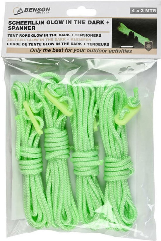 Benson Scheerlijnen/tent haringen touw met gatspanners - set 8x stuks - glow in the dark - 3 meter - voor kamperen - fluor groen van Benson — afbeelding 4