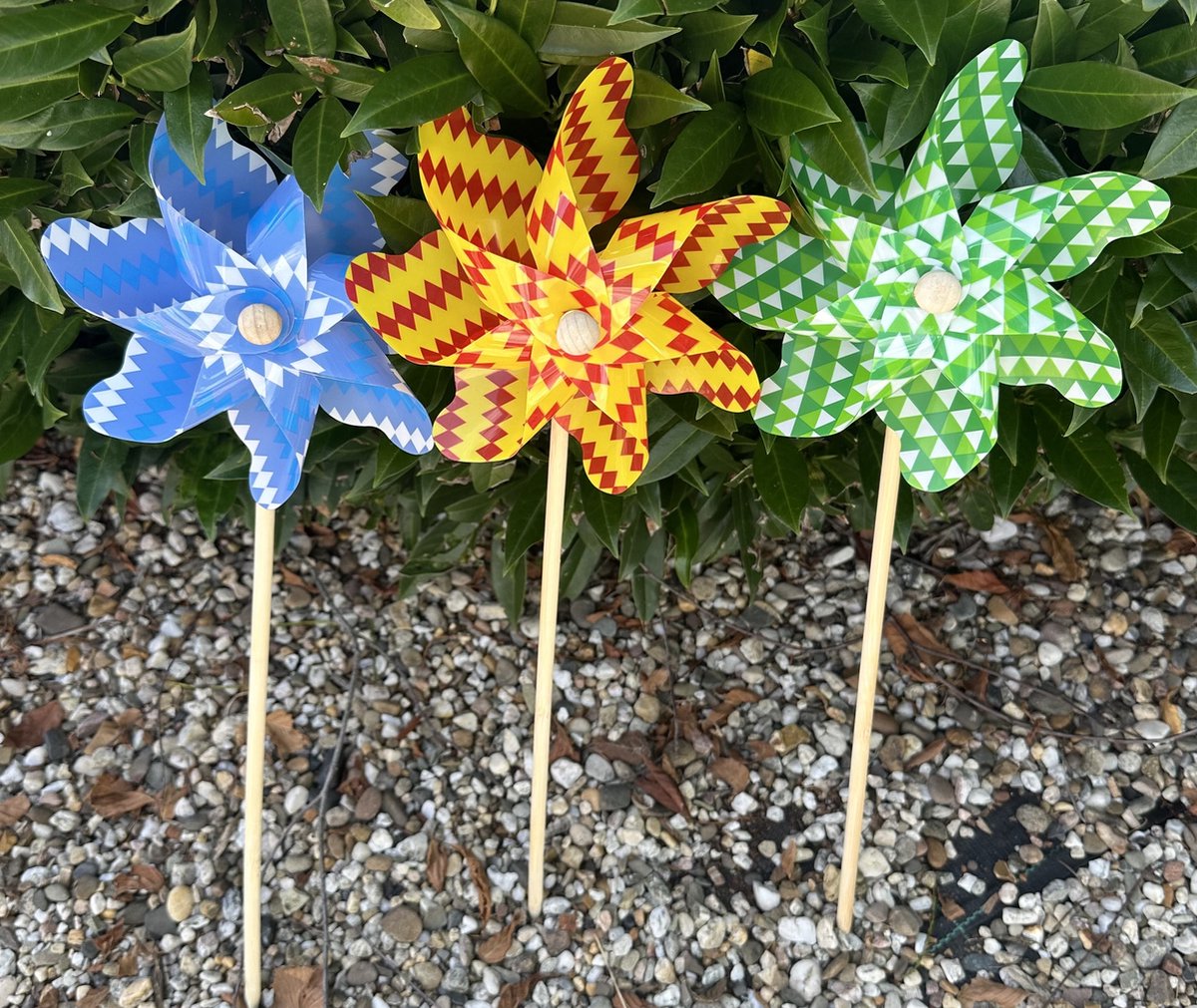 Impuls Set van 3 windmolens kunststof+houten steker multi-colour wieber motief- meerkleurig dia 17 cm x hoogte 48 cm Tuinaccessoires tuinstekers