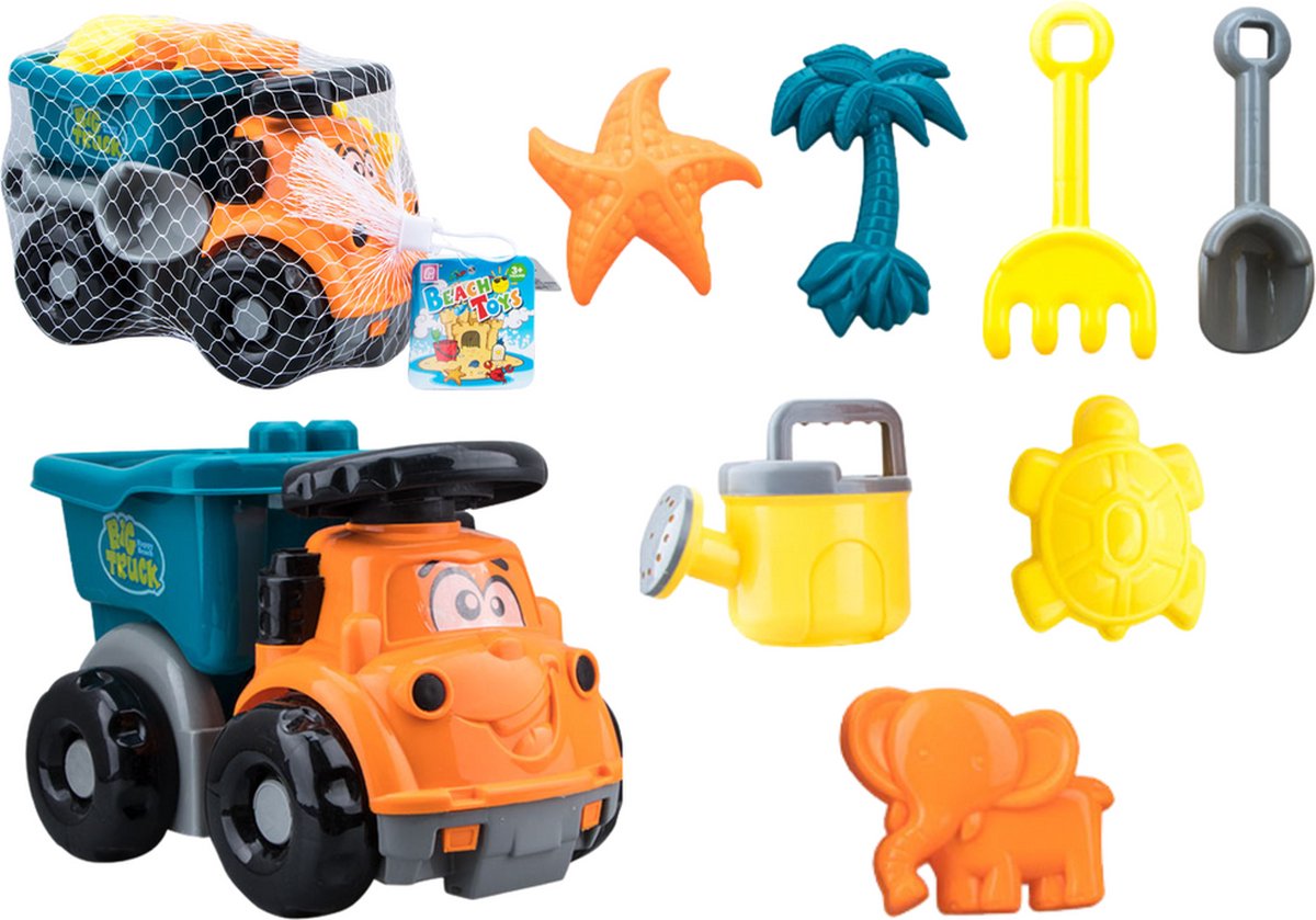 Playos Zandset met Kiepwagen Oranje Turquoise Strandspeelgoed Vormpjes Gieter Schep Hark Buitenspeelgoed Truck