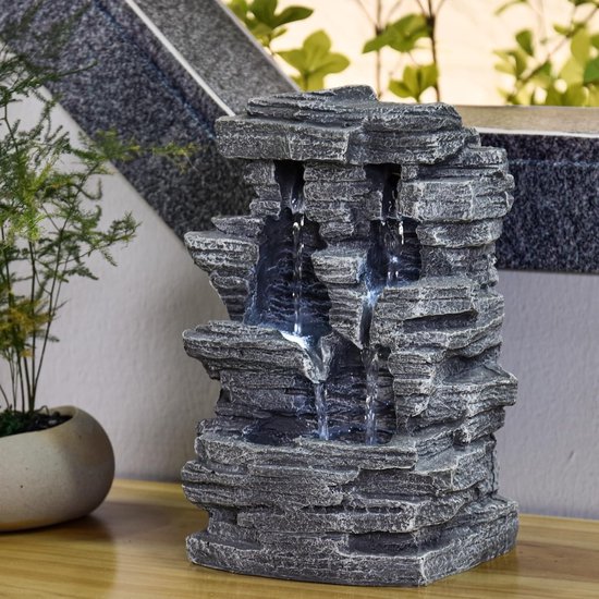 Kamerfontein met LED-verlichting, groene plantenfontein, tuinfontein, decoratieve tafelfontein, waterval met mist, 28 x 15 x 20 cm