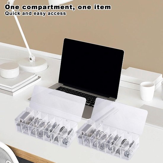 Boîtes de rangement de câbles transparentes - 2 pièces avec 14 compartiments et 20 serre-câbles - boîte de rangement de câbles et chargeurs - rangement de câbles pour le bureau